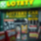 A vibrant storefront of a lottery retailer showcasing various lottery tickets