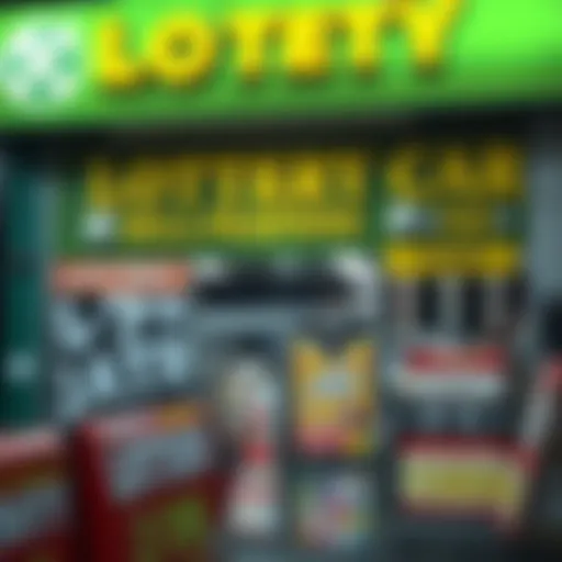 A vibrant storefront of a lottery retailer showcasing various lottery tickets