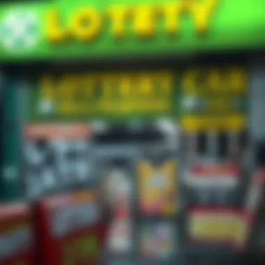 Lottery Retailer Storefront A vibrant storefront of a lottery retailer showcasing various lottery tickets